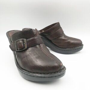 BORN Brown Leather Buckle Slip On Wedge Heel Mules Clogs Womens 7